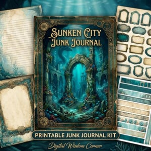 Pode incluir: Um kit de junk journal imprimível intitulado Sunken City Junk Journal com 42 páginas de ruínas subaquáticas, recifes de coral e temas aquáticos. O conjunto inclui papel de escrita pautado, molduras decorativas e elementos náuticos.
