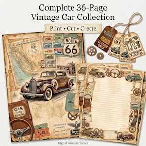 Peut inclure: Une collection de 36 pages de voitures anciennes comprenant des feuilles de papier imprimées avec des cartes de la Route 66, des automobiles classiques et des éphémères automobiles. Inclut des étiquettes avec ficelle et des engrenages.