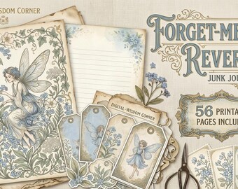 Forget Me Not Junk Journal Kit, Vintage Fairy Printable Pages, Blue Floral Ephemera, Botanical Scrapbook Paper, Digital Download