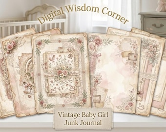 Könnte beinhalten: Ein Set aus digitalen Papierbögen für ein Junk Journal mit Vintage-Baby-Mädchen-Motiven, Blumenmustern, Spitzenakzenten und Illustrationen von Babyartikeln wie Häubchen und Schaukelpferden. Der Text lautet Digital Wisdom Corner, Vintage Baby Girl Junk Journal und Digital Download 40 Pages.