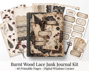 Burnt Wood Lace Junk Journal Kit, Rustic Grunge Printable Papers, Vintage Ephemera (Digital Download)
