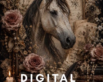 May include: A horse portrait framed in gold, surrounded by vintage books, dried roses, lace, a lit candle, and a quill pen. The text DIGITAL Wisdom Corner is centered at the bottom. The composition features muted brown, cream, and dusty rose tones.