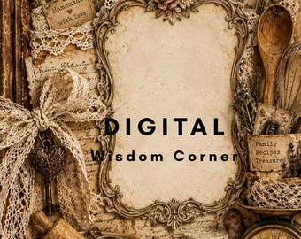 Könnte beinhalten: Eine Collage im Vintage-Stil mit einem zentralen verzierten Rahmen mit dem Text DIGITAL Wisdom Corner, umgeben von Küchenelementen wie einem hölzernen Nudelholz, einer Rührschüssel, einer Küchenwaage, Vanilleextrakt und getrockneten Kräutern.
