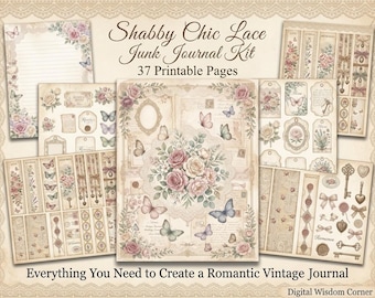 Shabby Chic Lace Junk Journal Kit, Vintage Roses, Butterflies, Wedding Ephemera (Digital Download)