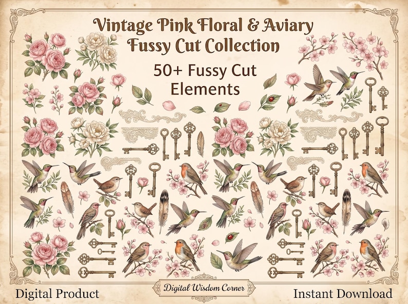 May include: A collection of vintage-style paper cutouts featuring pink roses, various birds including hummingbirds and robins, ornate keys, feathers, and floral branches. The text reads Vintage Pink Floral & Aviary Fussy Cut Collection 50+ Fussy Cut Elements, Digital Product, and Digital Wisdom Corner.