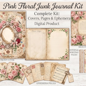 Pink Floral Junk Journal Kit, Shabby Chic Ephemera, Vintage Rose Pages (Digital Download) image 4
