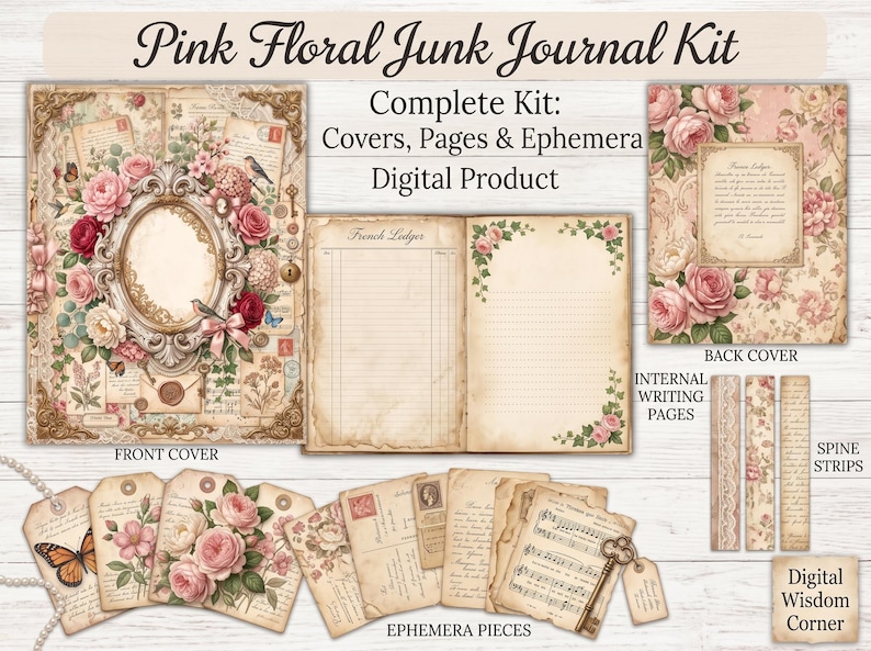 Pink Floral Junk Journal Kit, Shabby Chic Ephemera, Vintage Rose Pages (Digital Download) image 4