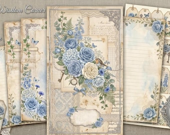 Vintage Blue Rose Junk Journal Kit, Shabby Chic Floral Printable Pages (Digital Download)