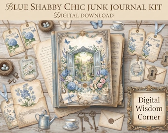 Blue Shabby Chic Junk Journal Kit, French Floral Printable Pages, Butterfly Ephemera, Vintage Scrapbook Papers, Digital Download