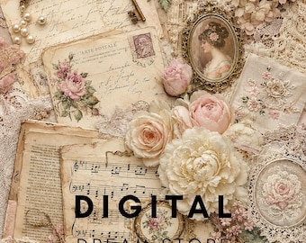 Shabby Chic Collage Sheet | Vintage Floral Junk Journal Ephemera (Digital Download)