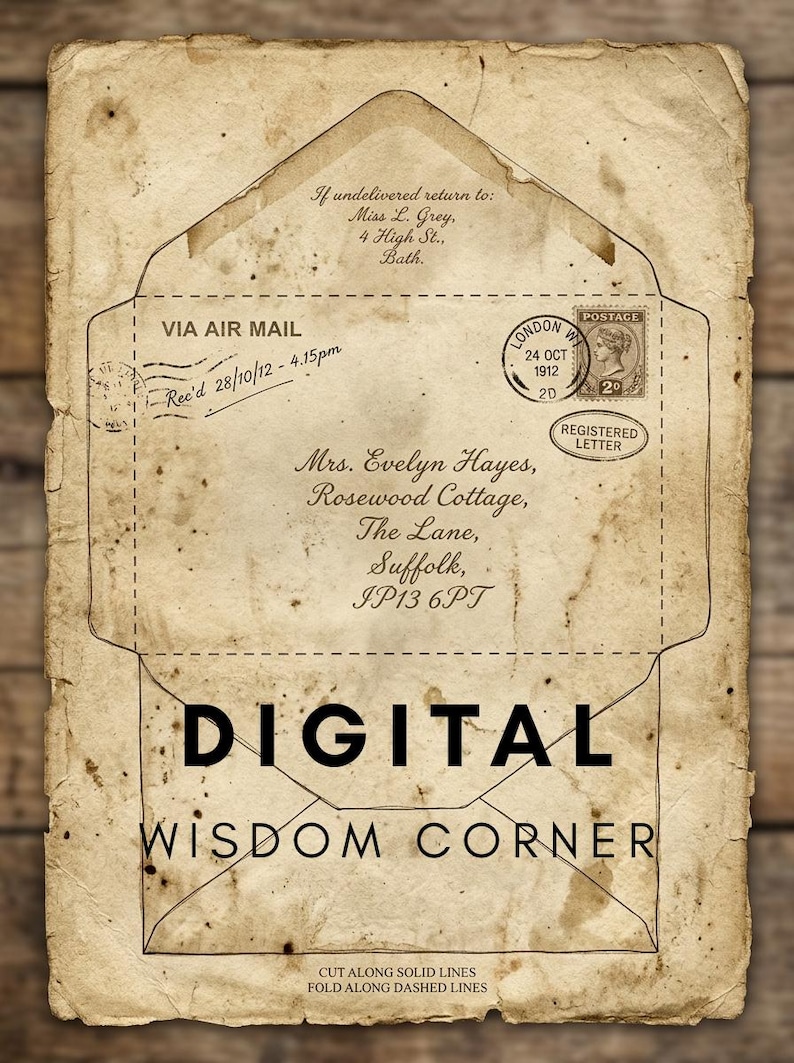 May include: A vintage-style paper envelope template featuring aged, stained textures. It includes printed text for a return address, recipient address, air mail markings, a 1912 London postmark, and instructions to cut along solid lines and fold along dashed lines.