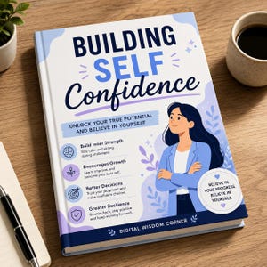 Op de afbeelding: Een hardcover boek getiteld "BUILDING SELF Confidence" met een lichtblauwe en paarse omslag. De omslag bevat een illustratie van een vrouw en tekst die zelfverbetering promoot. Het boek ligt op een houten oppervlak met een pen en een kop koffie.