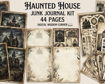Könnte beinhalten: Ein Haunted House Junk Journal Kit mit 44 Seiten von Digital Wisdom Corner. Die Sammlung enthält verschiedene bedruckte Blätter mit dunklen gotischen Herrenhäusern, Raben, Bäumen, linierten Schreibpapieren und dekorativen Etiketten in Sepiatönen.