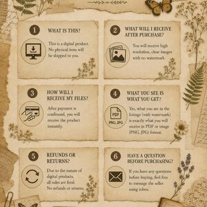 May include: A beige FAQ information sheet with six numbered sections, botanical illustrations, and butterfly accents. The text includes headings like What Is This, What Will I Receive After Purchase, and Please Read Before Purchase, set against a vintage paper background with torn edges and lace details.