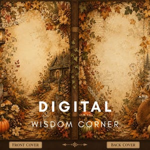 May include: A digital book cover design featuring an autumn forest scene with a squirrel, a rabbit, a fox, pumpkins, mushrooms, and hanging lanterns. The text "DIGITAL WISDOM CORNER" is centered over the front and back cover panels.