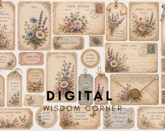 Vintage Wildflower Ephemera Pack | Junk Journal Cards, Tags, Shabby Chic Printable (Digital Download)