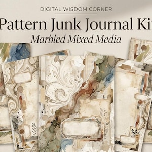 May include: A digital junk journal kit titled Pattern Junk Journal Kit Marbled Mixed Media, featuring 36 pages of marbled paper designs in shades of blue, brown, and cream with vintage-style labels, botanical accents, and grid patterns.