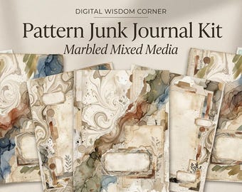 May include: A digital junk journal kit titled Pattern Junk Journal Kit Marbled Mixed Media, featuring 36 pages of marbled paper designs in shades of blue, brown, and cream with vintage-style labels, botanical accents, and grid patterns.