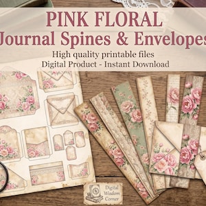 May include: A digital printable sheet featuring pink floral journal spines and envelopes with vintage-style paper textures. The text reads PINK FLORAL Journal Spines & Envelopes, High quality printable files, Digital Product - Instant Download.