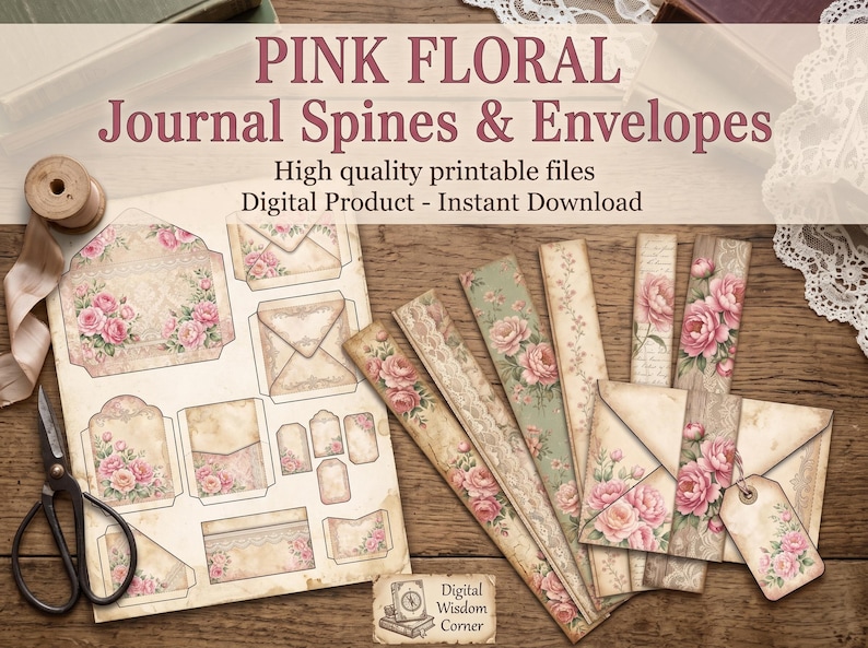May include: A digital printable sheet featuring pink floral journal spines and envelopes with vintage-style paper textures. The text reads PINK FLORAL Journal Spines & Envelopes, High quality printable files, Digital Product - Instant Download.