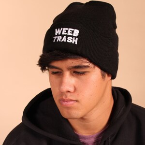 Embroidered Black Weeb Trash  Long Beanie