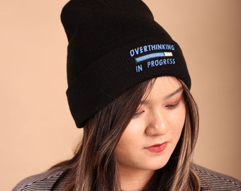 Embroidered Overthinking in Progress Beanie - Black