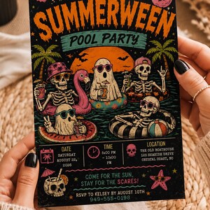 Summerween Pool Party Invitation | Retro Halloween Beach Bash (Digital Download)