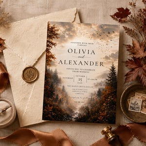 May include: A wedding invitation card featuring a forest landscape with autumn foliage, a cloudy sky, and a flock of birds. The text reads: Together with their families, Olivia and Alexander invite you to celebrate their wedding, Saturday, October 25, 2026.