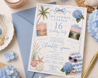 May include: A rectangular birthday party invitation card featuring blue text, a palm tree, two polaroid-style beach photos, a starfish, seashells, and blue hydrangea flowers. The text reads The Summer I Turned 16 Birthday Party for Charlotte Grace.