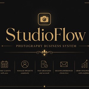 May include: A black and gold graphic with the text "StudioFlow PHOTOGRAPHY BUSINESS SYSTEM." The image includes icons and text promoting features like booking clients, managing projects, and growing a business.