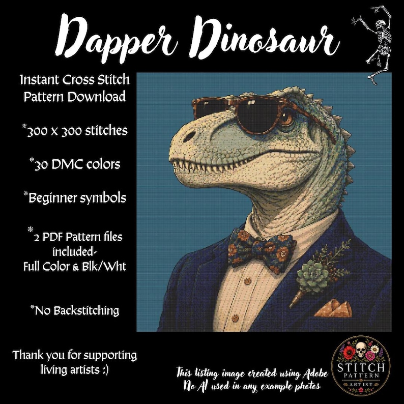 Dapper Dinosaur Cross Stitch Pattern PDF - Etsy
