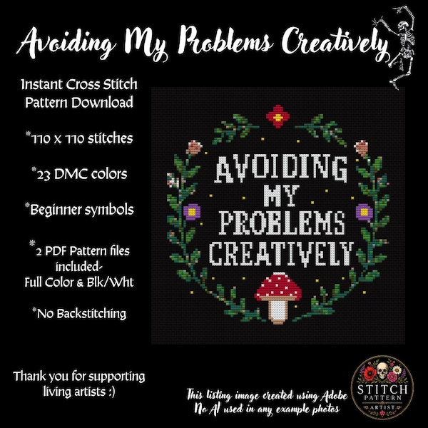 Patrón de punto de cruz en PDF "Evitando mis problemas de forma creativa" / Patrón divertido de estilo cottagecore