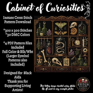 Może przedstawiać: Wzór do haftu krzyżykowego zatytułowany Cabinet of Curiosities przedstawiający ciemną drewnianą półkę wypełnioną szklanymi słoikami, kośćmi, kryształami, owadami i antykami. Tekst zawiera informacje o 300 x 300 ściegach, 30 kolorach DMC i 4 plikach PDF.