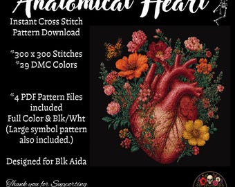 解剖学的心臓花柄クロスステッチ黒アイーダパターンPDF