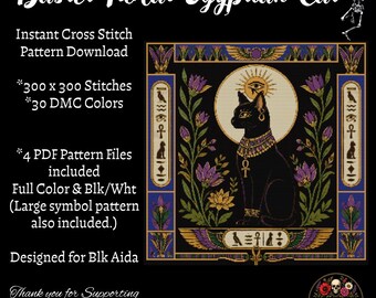 Bastet Floral Egyptian Cat Cross Stitch Pattern PDF
