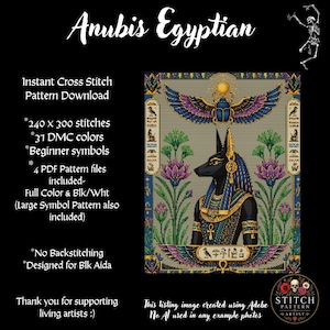 May include: An Anubis Egyptian instant cross stitch pattern download featuring a central black jackal-headed figure, a winged blue scarab, and lotus flowers. The design includes 240 x 300 stitches, 31 DMC colors, and beginner symbols on a black background.