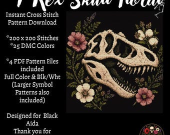 T-Rex Skull Floral Cross Stitch Pattern | Jurassic Era Fossil Embroidery (PDF Download)