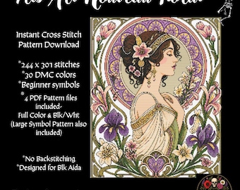 Iris Art Nouveau Floral Portrait Cross Stitch PDF