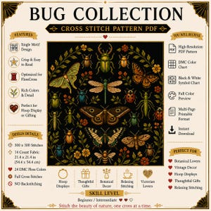 Könnte beinhalten: Ein Bug Collection Kreuzstichmuster als PDF mit einem zentralen schwarzen Quadrat voller Insekten und Blumen. Das Design umfasst 300 x 300 Stiche, 14-Count-Stoff, 54,4 x 54,4 cm und 24 DMC-Stickgarnfarben. Der Text lautet Bug Collection.