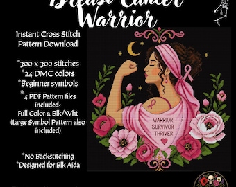 Breast Cancer Warrior Cross Stitch Pattern | Pink Ribbon Floral Embroidery (PDF Download)