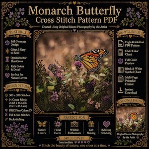 Può includere: Un modello di punto croce a farfalla monarca in PDF con un'immagine centrale di una farfalla arancione e nera su fiori viola. Il layout include sezioni di testo per caratteristiche, dettagli del design e contenuti, misurando 55,1 x 36,6 cm.