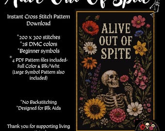 Skeleton Floral Cross Stitch Pattern | Gothic Dark Humor Cottagecore PDF Download