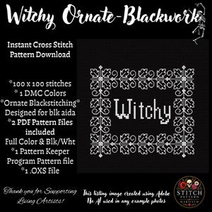 Witchy Spooky Ornate Blackwork Cross Stitch Pattern PDF