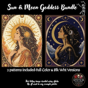 Könnte beinhalten: Ein Sun & Moon Goddess Bundle Kreuzstichmuster-Set mit zwei Porträts. Eines zeigt eine Frau mit Sonnenhalo in warmen Gold- und Orangetönen, das andere eine Frau mit Mondsichel in Dunkelblau und Violett. Enthält vollfarbige sowie schwarz-weiße Versionen.