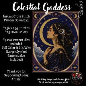 Padrão de Ponto Cruz Deusa Celestial | Retrato da Lua em Estilo Art Nouveau (Download em PDF)