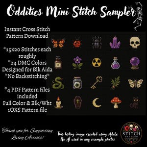 May include: Oddities Mini Stitch Sampler cross stitch pattern download featuring 20 small icons including a butterfly, beetle, skull, potion bottles, crystal, snake, eye, key, moon, mushroom, and cat on a black background with white text details.