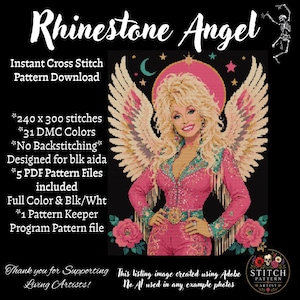 May include: A cross stitch pattern download titled Rhinestone Angel featuring a blonde figure with large wings, wearing a pink fringed outfit with teal accents, set against a black background with pink roses, a crescent moon, and stars.
