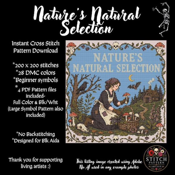 Dark Cottagecore Cross Stitch Pattern | Woodland Forager, Moonlit Cottage (PDF Download)