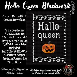 Hallo-Queen Pumpkin Ornate Blackwork Cross Stitch Pattern PDF