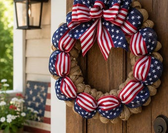 Patriotic Burlap Wreath | America 250 Anniversary Door Decor | Rustic 4th of July Front Door Wreath | USA 1776-2026 Celebration Decor